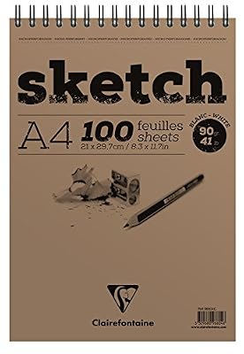 Clairefontaine 96904C Sketch bloc spiralé 50F 21x29,7cm 90g grain très léger Blanc