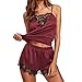 Price comparison product image Bibao Women's Bobydoll Sexy Silk Lingerie Set Deep V-Neck Tank Top +Mid-Rise Shorts Lace Nightwear (Wine Red_C, S)