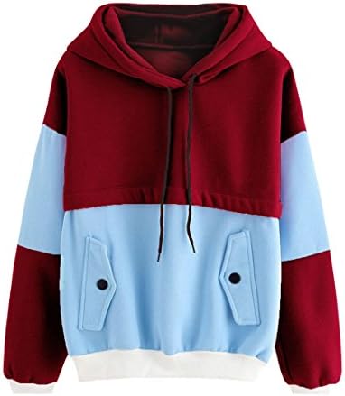 Womens Hoodie,Moonuy Color Block Patchwork Pocket Hooded Sweatshirt For Ladies Girl Autumn Winter Long Sleeve Fashion Casual Hoody Sweater Blouse Coat Outwear Jacket gym tops jumpers (Wine Red, S)