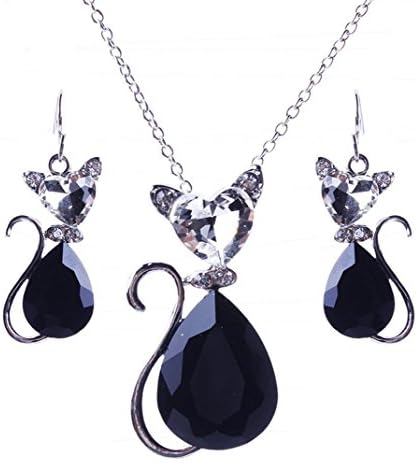 Caiyan Female sweater chain crystal cute kitty Princess Necklace Earring Set Ornament , Black