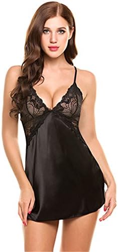 EKimmer Sexy Nightgown Lingerie Patchwork Nightdress Women Sheer Scalloped Satin Nightwear Silk Slip Chemises Black L