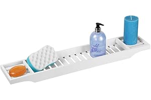 1 CLICK BUY Bathtub Caddy Tray, Modern Bath Tray Bathtub Storage Rack Shelf Organizer Wine Glass Holder for Bathroom (White)