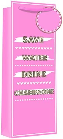 SAVE WATER DRINK CHAMPAGNE NOUGHTS & KISSES GLITTER EFFECT BOTTLE GIFT BAG PINK & SILVER WITH GIFT TAG - 14 x 5"
