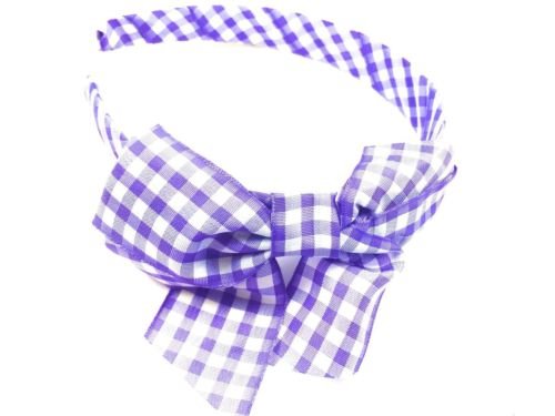 Girls Gingham Bow SCHOOL Alice Band HairBand Check Uniform Fabric Headband (Purple)