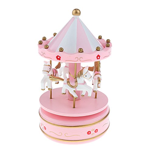 Holz Merry-go-round Karussell Aufzuwickeln Spieluhr Kinder Geschenk-pink