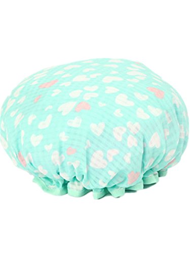 Moolecole Women Cute Love Heart Printed Waterproof Shower Cap Double Layer Bathing Cap Elastic Band Spa Shower Hat Green