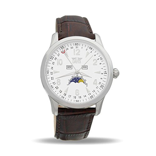Davis 1501 - Herren Mondphase Uhr Klassische Dreifach Kalender Ziffernblatt Wei Lederarmband Braun