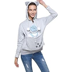 Gato Sudaderas con Capucha Mujer,Longra❤Manga Larga y Bolsillo para Mascotas Suéter Encapuchado Capa Pullover,Outwear Camisetas,Entrenamiento Camisa Tops (Gris, L)