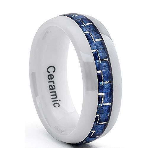 Ultimate Metals® Alianza de Boda Cerámica Blanca Unisexo, Anillo Banda Incrustada Con Firbra de Carbono Azul