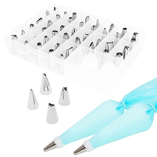 YIAN 46 Spritztüllen Set inkl.42 Stücke Garnieraufsätze 2 wiederverwendbare silikon-vereisungsbeutel und 2 Kunststoff-Kupplungen für Pralinen,Plätzchen, Keksen,Kuchen und Torten Deko decorating tools aus Edelstahl