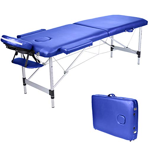 Wellhome Mesa de Masaje de 2 Secciones Aluminio Camilla Cama Portatil Plegable Ligera Camillas Masajes de Profesional Altura Ajustable con Reposacabezas, Apoyabrazos, Bolsa de transporte (Azul)