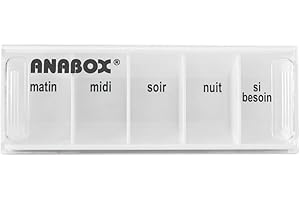 Anabox - Pilulier journalier 5 compartiments - Organisateur de médicaments quotidien Blanc - Cases Matin Midi Soir Nuit + Urgence - Système sécurisé - Lavable lave-vaisselle