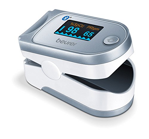 Beurer PO 60 BT Pulsioxímetro de Dedo con Bluetooth, Color Blanco y Plata, 58.5 x 30 x 33 mm, 49 g