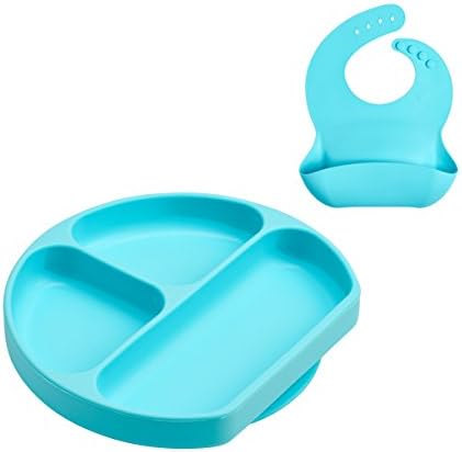 ‪MonkeyTots Suction Plate + FREE Waterproof Pelican Bib. Easy Clean Set for Kids. Divided Bowl for High Chair and Travel Feeding. Great for Baby Led Weaning and Toddlers. Small/Mini Size Dish.