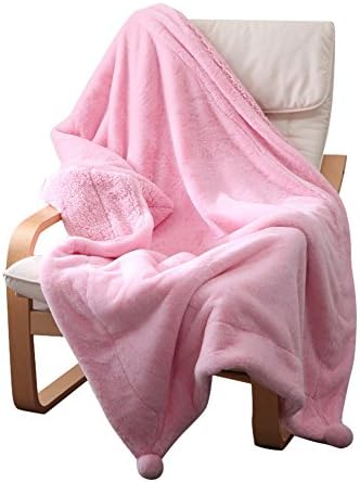 HIFUAR Fleece Reversible Sherpa Blanket with Pom Poms Extra Soft Warm Microplush Throw Blanket for Couch, Sofa, Bed (150x100cm, Pink)