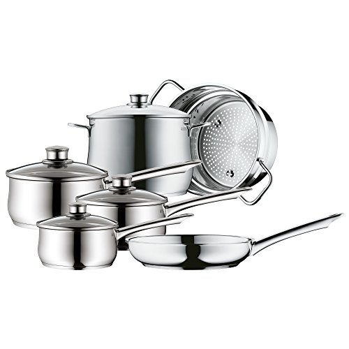 WMF cookware set 6-piece Diadem Plus pouring rim glass lid Cromargan stainless steel brushed suitable for all stove tops including induction dishwasher-safe
