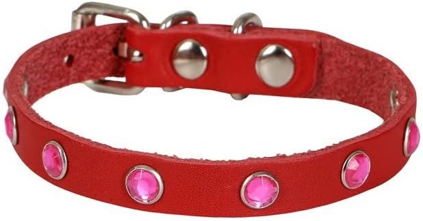 Cattie Gerçek Deriden El Yapımı Taşlı Kedi Boyun Tasması, Kırmızı, 1x21-25 cm
