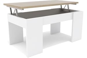 DORMIDAN- Mesa de Centro elevable, Comedor o Auxiliar, Mayor Grosor y Estabilidad (Blanco Tapa Roble)