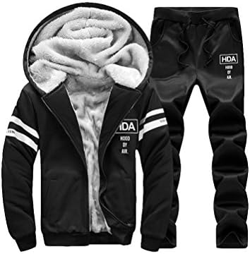 Mens Full Zip Up Plus Velvet Tracksuit Sports Jogging Hoodie 2 Pieces Sets Black XL