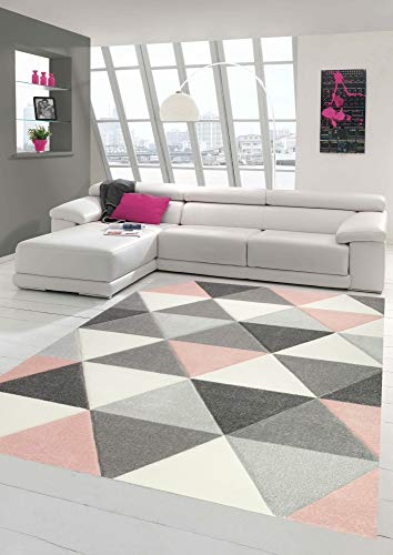 Mérinos Tapis Design Et Moderne Avec Motif Triangle En Gris Crème Rose Größe 160x230 Cm