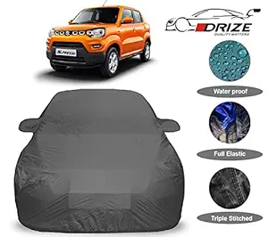 DRIZE Prime Quality Car Body Cover for Maruti Suzuki S-Presso with Mirror Pockets-Triple Stitched-Fully Elastic-Ultra Surface Body Protection (Grey Look)