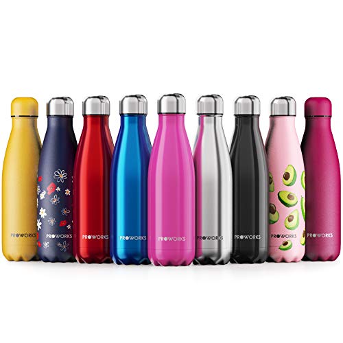 Proworks Bottiglia Acqua in Acciaio Inox, Senza BPA Vuoto Isolato Borraccia Termica in Metallo per Bevande Calde per 12 Ore & Fredde 24 Ore, Borraccia per Sport, Lavoro e Palestra - 500ml - Rosa