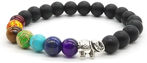 7 Chakras Gemstone Bracelet Lava Stone Beads Mens Womens Bracelet, Healing Energy Mala Beads with elephant