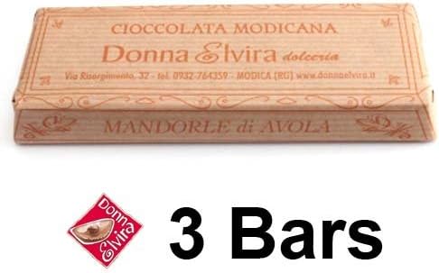 NATIVE MODICA DARK CHOCOLATE WITH AVOLA ALMONDS by Donna Elvira 3 BARS x 70g (Stone Ground Cold Processed) - Dairy free Deli - Italian Artisan Gourmet Food