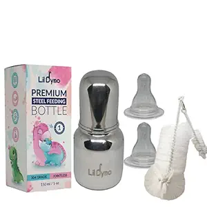 Lil Dyno Stainless Steel Baby Feeding Bottle for New Born Baby and Kids for Milk, Water & Juice Feeding with Anti-Colic Silicone Nipple (150ml+2 Extra Nipple + Cleaning Brush)