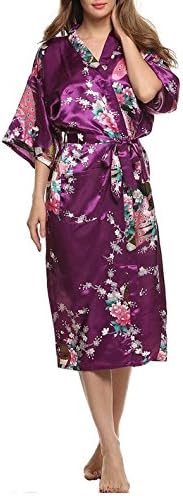 Womens Robes Peacock and Blossoms Kimono Satin Nightwear Long Style