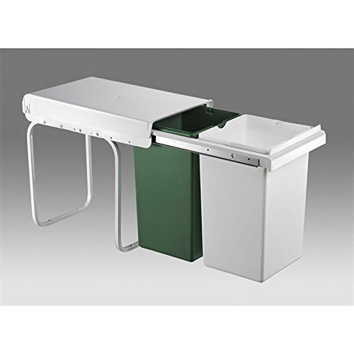 Einbauabfallsammler von WESCO in Weiß / Grün 30 L mit 2-fach Trennung 2 x 15 L inkl. Griffkante und Teilauszug per Hand ab 30 cm Schrankbreite für Drehtüren Montage auf Schrankboden Mülleimer Abfalleimer
