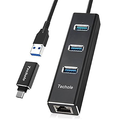 Techole Hub USB 3.0, Techole Hub USB 3 Ports en Aluminium avec Adaptateur Réseau LAN Gigabit Ethernet RJ45, Adaptateur USB C pour Chromebook Mac et Autres Périphériques