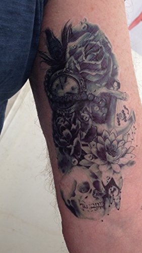 ARM TATTOO SKULL DUNKEL BLAU Fake Tattoo zum Kleben Totenkopf mit Lotus Rosen Z039 - 4