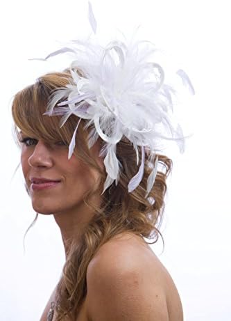 Maighread Stuart Millinery - White & Lilac Feather & Satin Fascinator Hat , Small - Perfect for Weddings, Mother of the Bride, Ladies Race Days, Derby Days- Comb