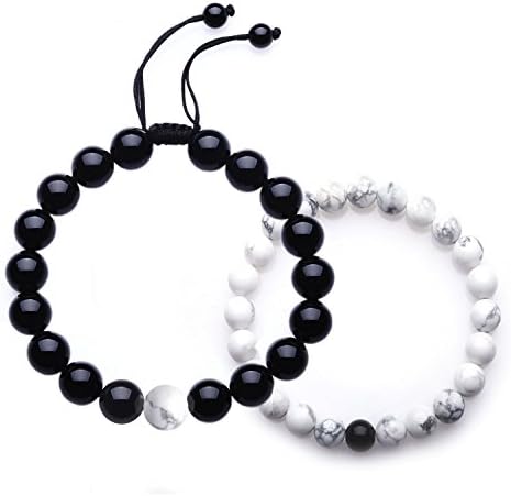 Couples Distance Bracelets Relationship Black Agate Onyx and White Howlite Stone Bracelet Yoga Beads, for His 10mm Adjustable, for Hers 8mm Stretch 7.5"