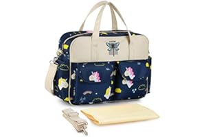 Insular® Multifunctional Waterproof Mummy Shoulder Bag Diaper Bag Chic Nappy Changing Bag Tote/Messenger Style Large Light Weight with Changing Mat, Adjustable Straps (Navy (Unicorn))