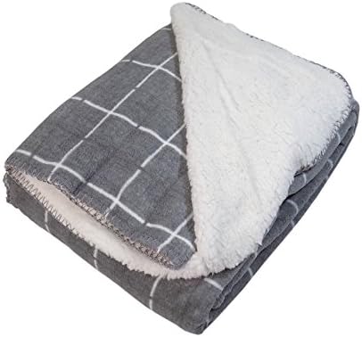 SILVER GREY CHECK OVER-LOCK STITCHED SHERPA FLEECE THROW BLANKET 125CM X 150CM