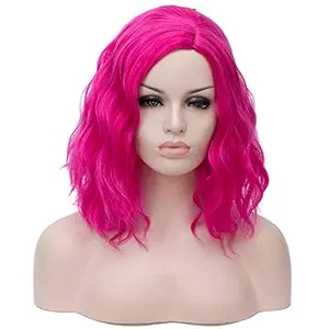 Aicos Fashion 35cm Short Curly Full Head Wig Heat Resistant Daily Dress Carnival Party Masquerade Anime Cosplay Wig +Wig Cap (Hot Pink)