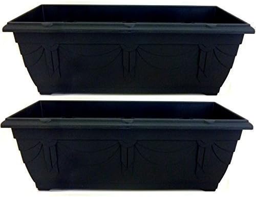 2 RECTANGULAR 60cm BLACK GARDEN PATIO RESIN TROUGH PLANTER SET FLOWER PLANT POT BASKET