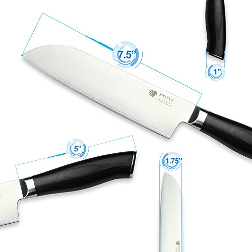 Das SWITYF VG-10 hochwertige japanische Stahl-Santokumesser ist ein Spezialmesser das178mm lang und mit hohen Kohlenstoffgehalt ist Das Micarta-Handgriff wurde mit Verbundwerkstoff ergonimisch entwickelt Das Damaskus-Muster ist wunderschön DDSK-TK - 2