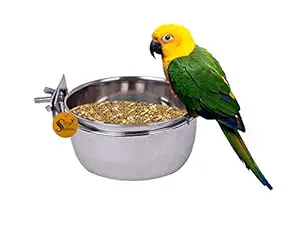 Sage Square Stainless Steel Rustproof Cage Food, Seed, Water Feeder Cum Bowl with Hook / Holder for Bird - No Spill No Mess (500ml) (1 Piece)