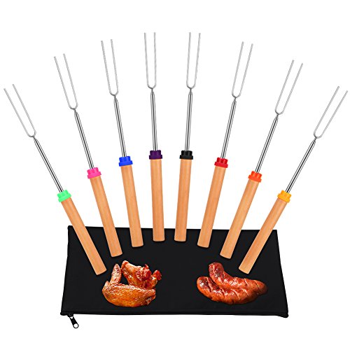 GHB 8 x Grillspieße BBQ Spieße Edelstahl mit Holzgriff 31cm-82cm für Bratwurst Würstchen Hot Dog und Marshmallows und mehr