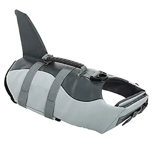 Queenmore Ripstop Small Dog Life Jacket Fish Style Floatation Vest with Adjustable Soft Rubber Handle Grey Shark,XS