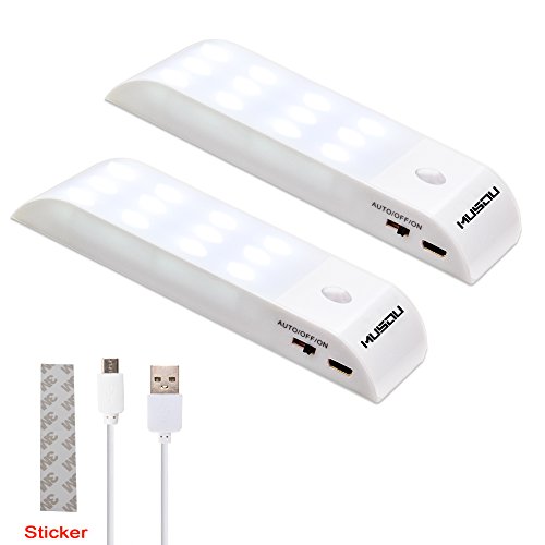 Lámpara Nocturna, Musou Luces Led con Sensor de Movimiento, Luz Recargable con Cinta Adhesiva Magnética, 3 Modos (auto/encendido/apagado) para Armario / Pasillo / Escalera