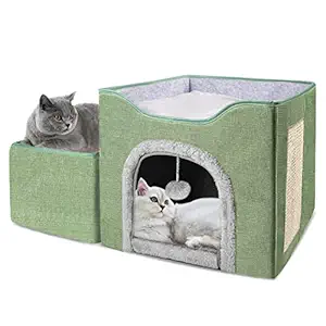 Hczrc Cat Beds for Indoor Cats, Cat House for Pet Large Cat Cave for Pet Kitten Bed Foldable Multifunctional Cat Beds Furniture with Flurry Ball and Scratching Pad
