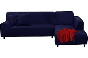 FIGOOO Funda para Sofás Chaise Longue Elásticas Funda Cubre Sofá Brazo Derecho/Izquierdo Ajustables con 2 Fundas de Almohada Lavable Protectora Funda de Sofás para Forma L(2+3 Plazas,Azul Marino)