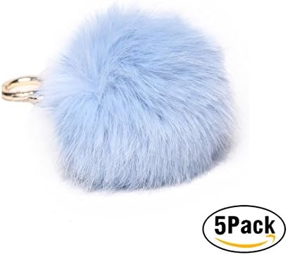 5 Pack Cute Fur Ball Pom Pom Car Keychain Handbag Tote Wallet Backpack Key Ring Hanging (B002 Light Beige 5 Pack)