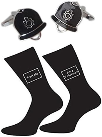 Trust me I'm a Policeman Mens Black Cotton Rich Socks and Policemans Helmet Cufflinks