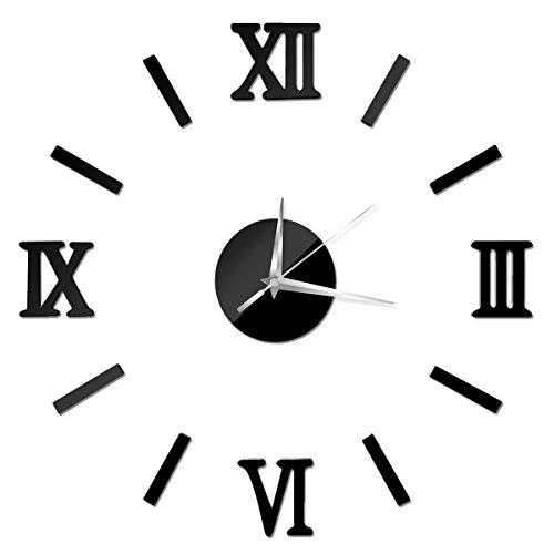 NectaRoy DIY Große Wanduhr Big Armbanduhr Aufkleber 3D Spiegel Aufkleber Römischen Ziffern Mute Wanduhr Home Office Abnehmbarer Dekoration (Schwarz)