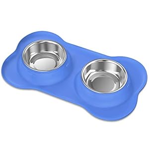 Pawaboo Cuencos para Perro & Gato – Premium Acero Inoxidable Alimentador de Mascota con Base de Goma / 5.51″ Diámetro Comedero para Comida o Agua/Juego de 2 & Talla Chico, Azul